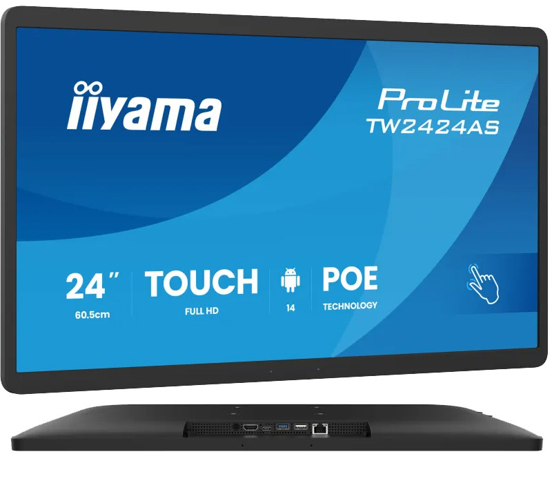 Monitor interaktywny iiyama 24" TW2424AS-B3P FHD, Dotyk PCAP, Android 14 z GMS, WiFi, LAN, PoE, iiSignage², 24/7