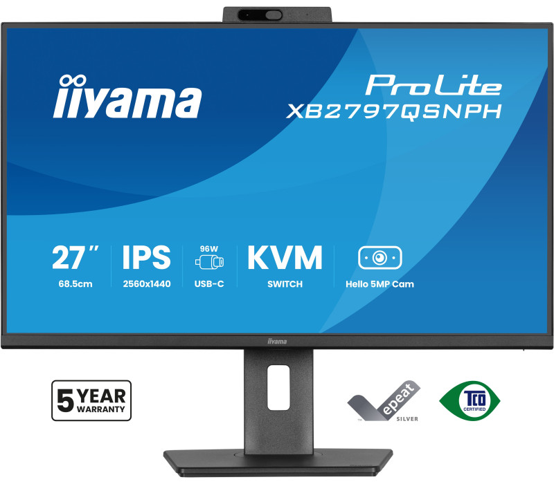 Monitor iiyama XB2797QSNPH-B1 27" IPS WQHD LED 1ms Kamera Windows Hello+Mikrofon /USB-C HDMI DP/ KVM LAN Stacja dokująca