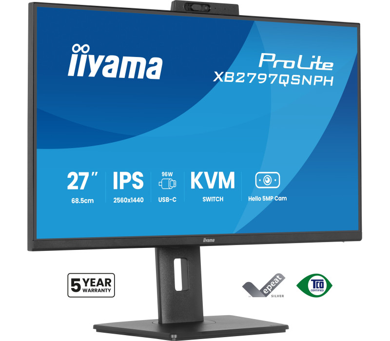 Monitor iiyama XB2797QSNPH-B1 27" IPS WQHD LED 1ms Kamera Windows Hello+Mikrofon /USB-C HDMI DP/ KVM LAN Stacja dokująca