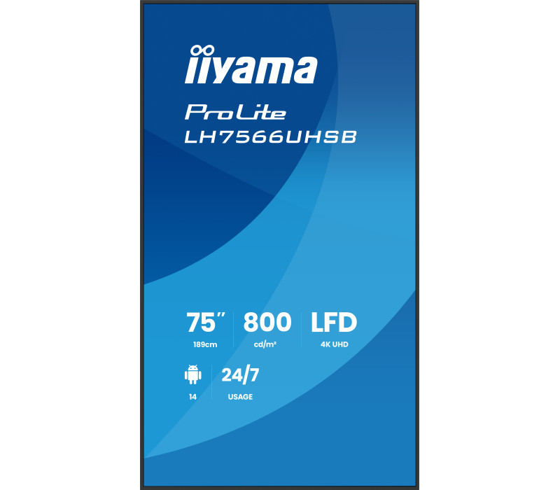 Digital Signage iiyama LH7566UHSB-B1AG 75" 4K UHD 800 cd/m² iiSignage², iiControl, iiShare, 24/7, WiFi, Android 14