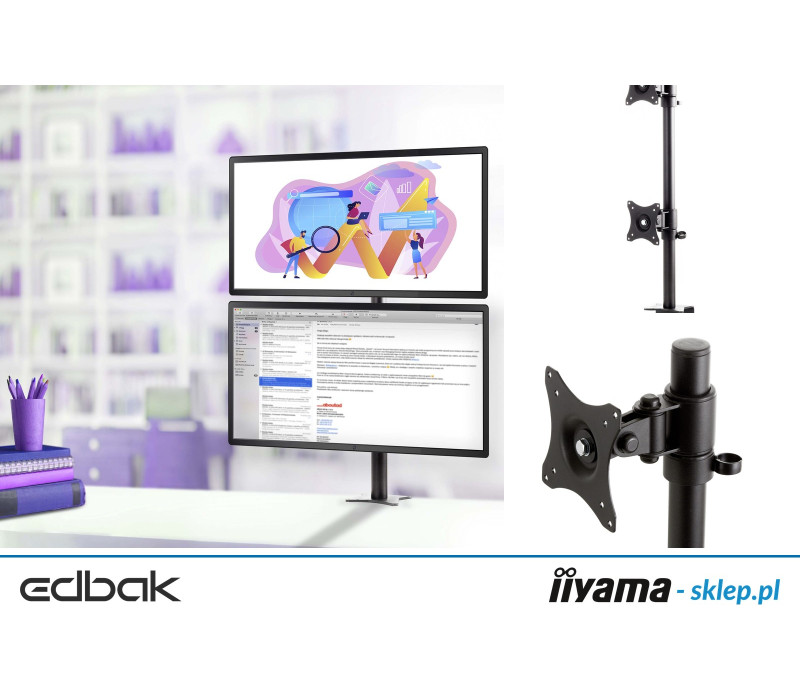 Edbak SV08c-B Uchwyt biurkowy do dwóch monitorów 19"- 27", montaż monitorów jeden nad drugim