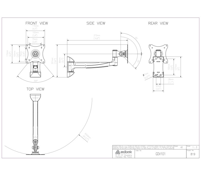 Edbak GDV101 Obrotowe ramię ścienne do ekranu 10-29”