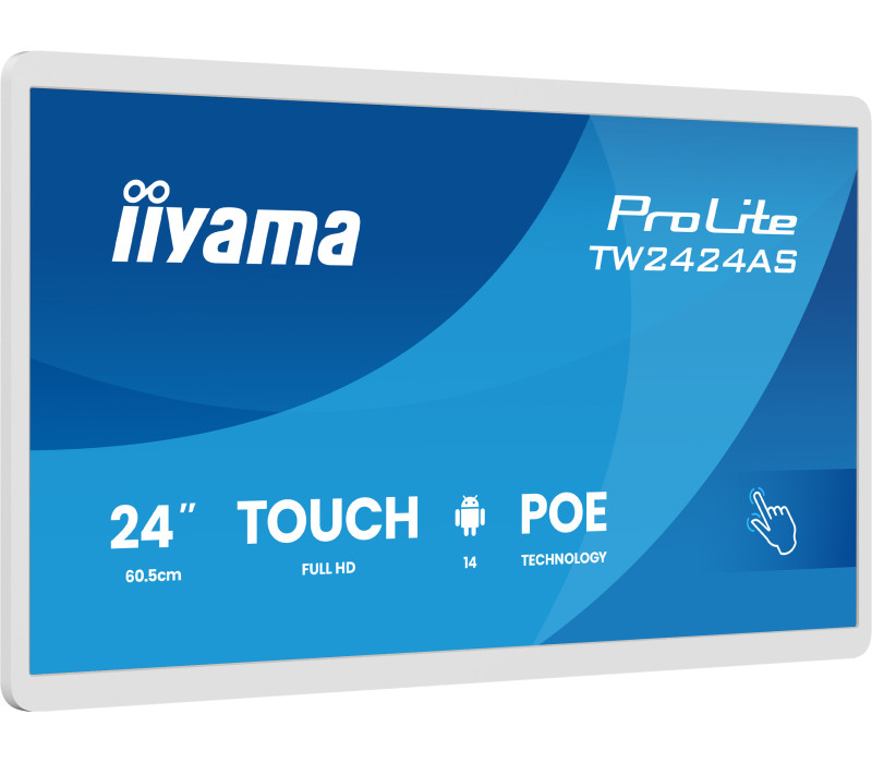 Biały monitor interaktywny iiyama 24" TW2424AS-W3P FHD, Android 14 z GMS, WiFi, LAN, PoE, iiSignage², 24/7