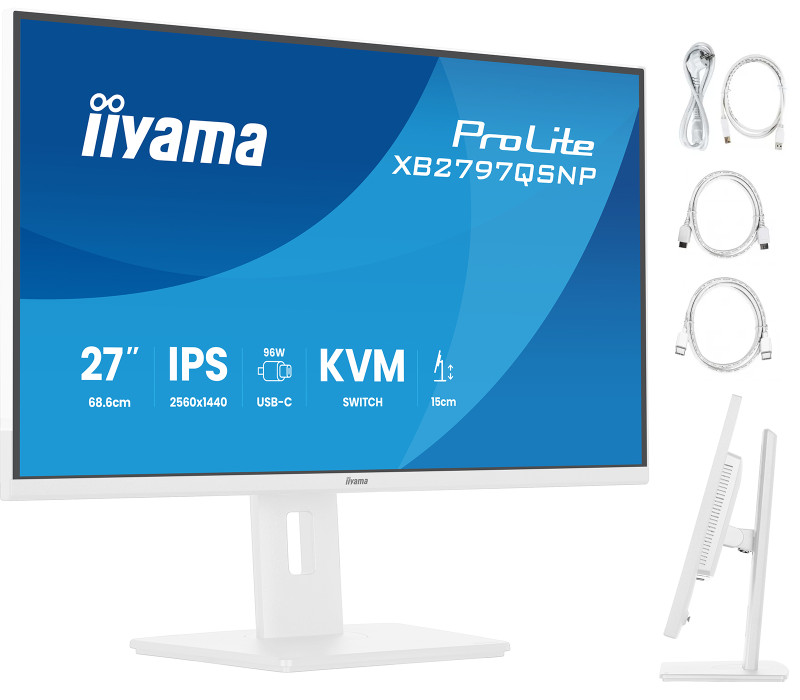 Biały Monitor iiyama ProLite XB2797QSNP-W1 27" IPS WQHD LED 1ms 75Hz /USB-C HDMI DP/ KVM LAN Stacja dokująca FlickerFree