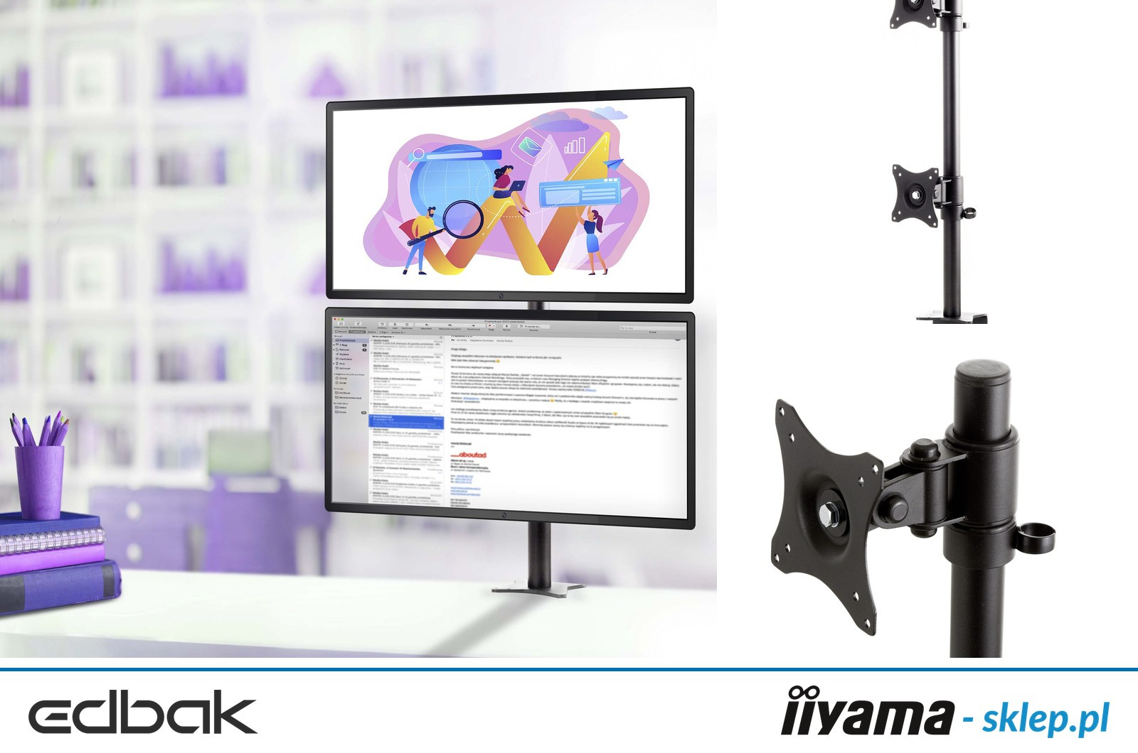 Edbak Uchwyt biurkowy do dwóch monitorów 19"- 27", montaż monitorów jeden nad drugim